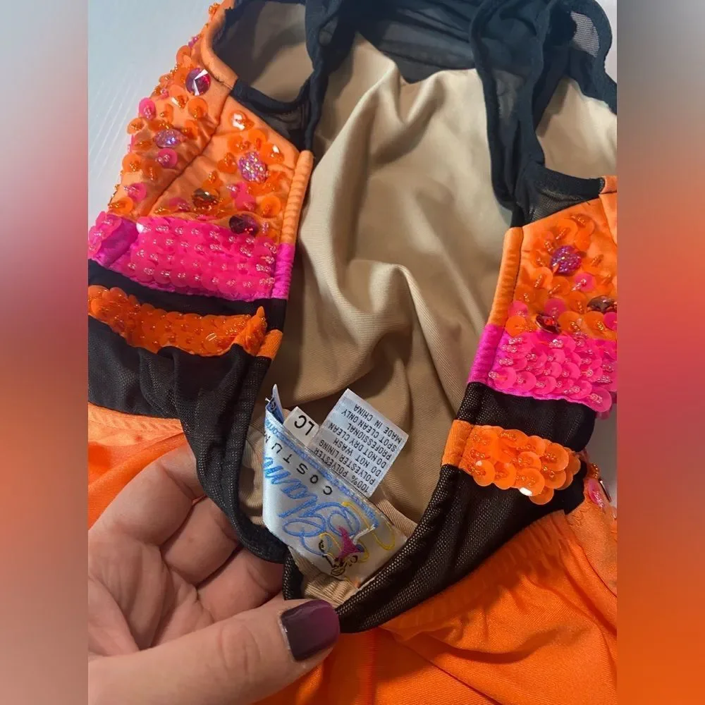 Glamour solo dance costume orange black illusion rhinestoned LC-large child